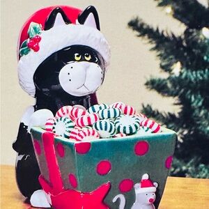 Festive Holiday Black & White Cat Ceramic Candy/Treat Holder OS